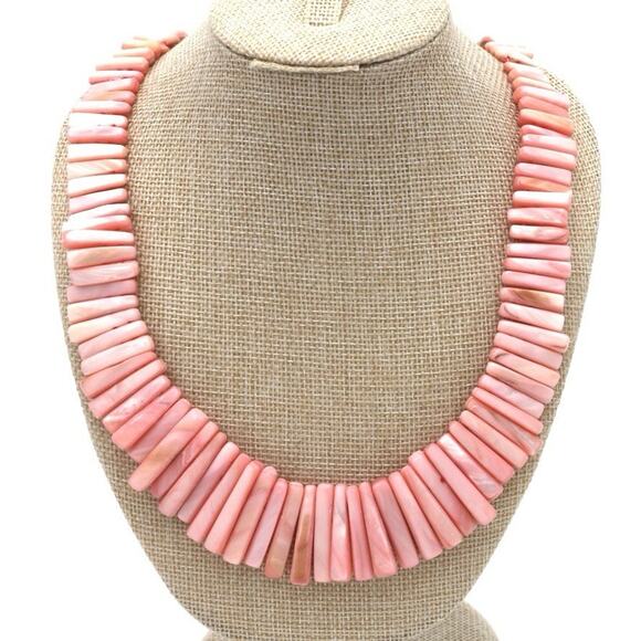 Boho Beach Pink Shell Bib Necklace Mother Of Pearl Slab Resort 18in Statement - Picture 1 of 5